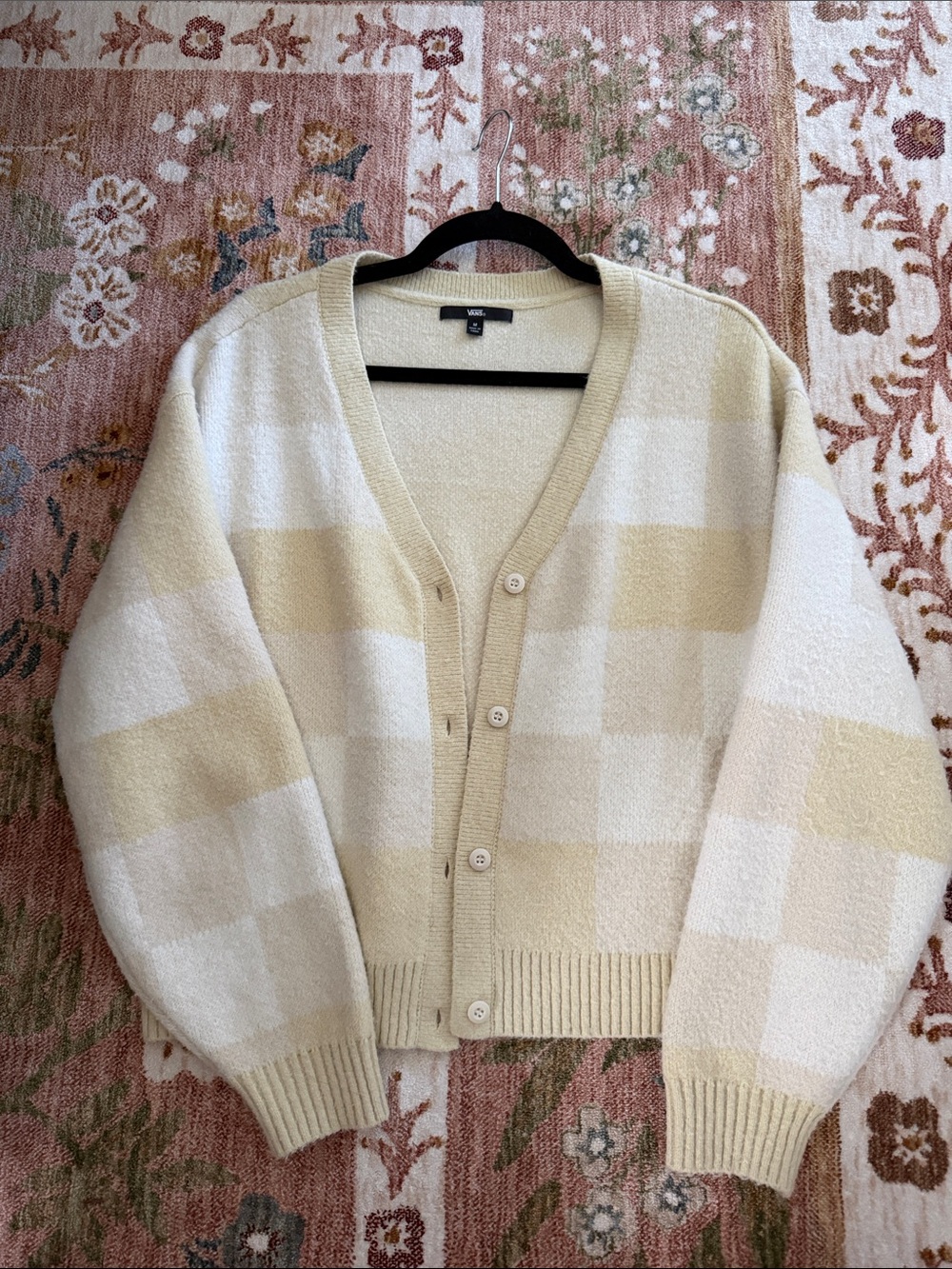 Vans Cream & Beige Checked V‑Neck Button Cardigan